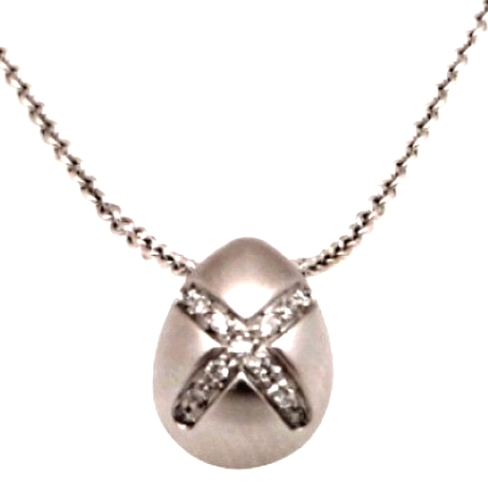 18K White Gold Diamond "X" Egg shaped Pendant with 13 round brilliant diamonds